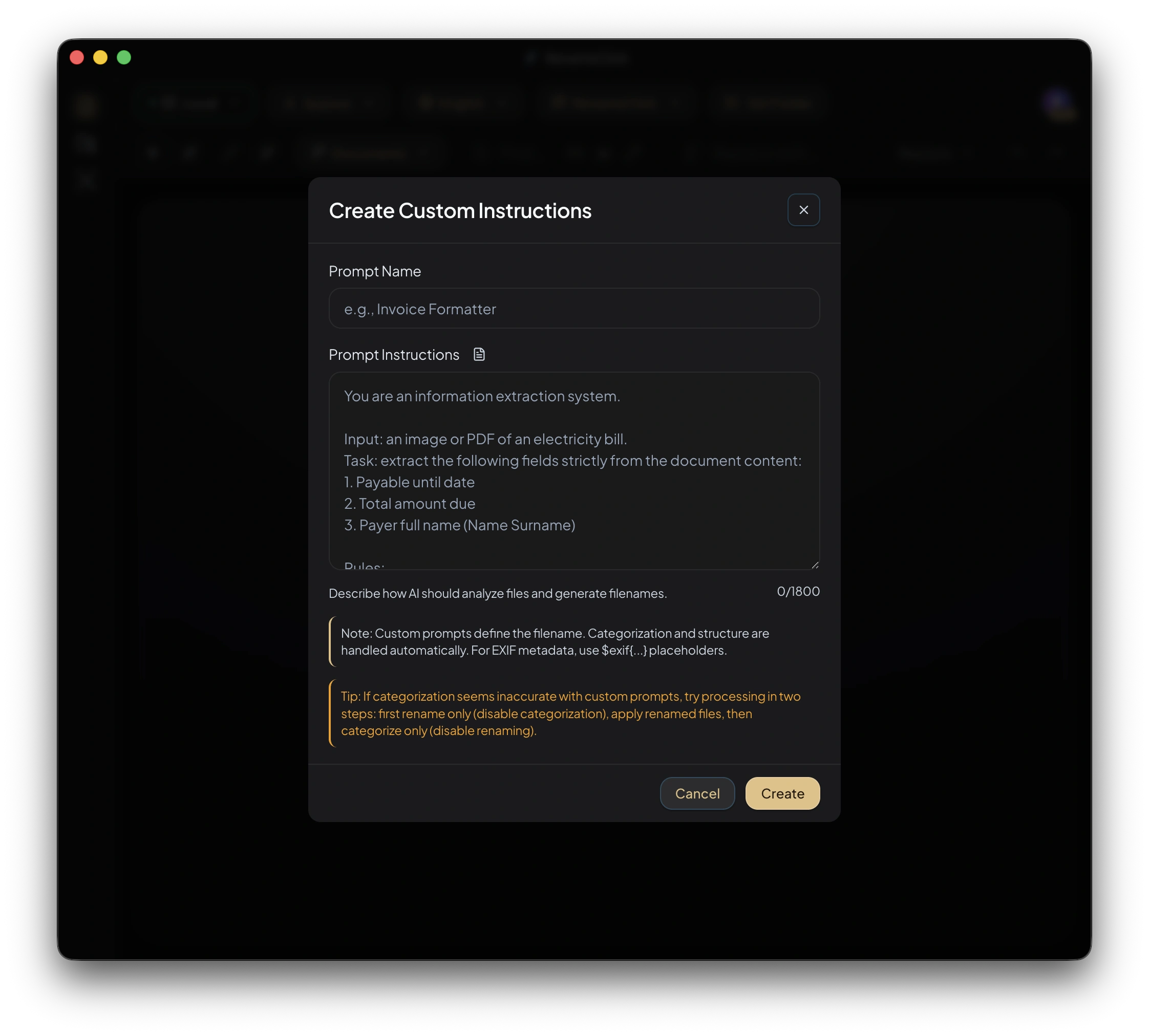 Custom Instructions Modal