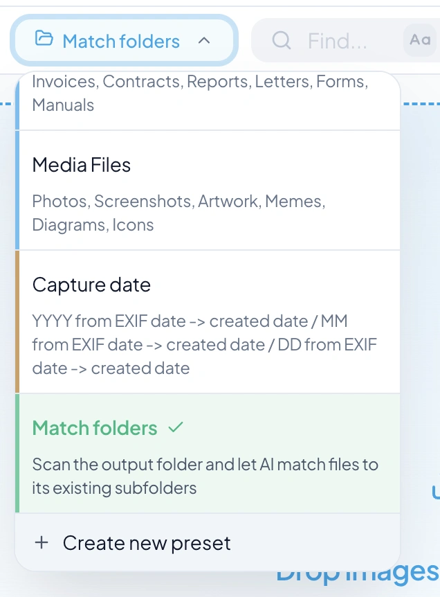 RenameClick sorting presets showing Match folders beside AI and metadata presets