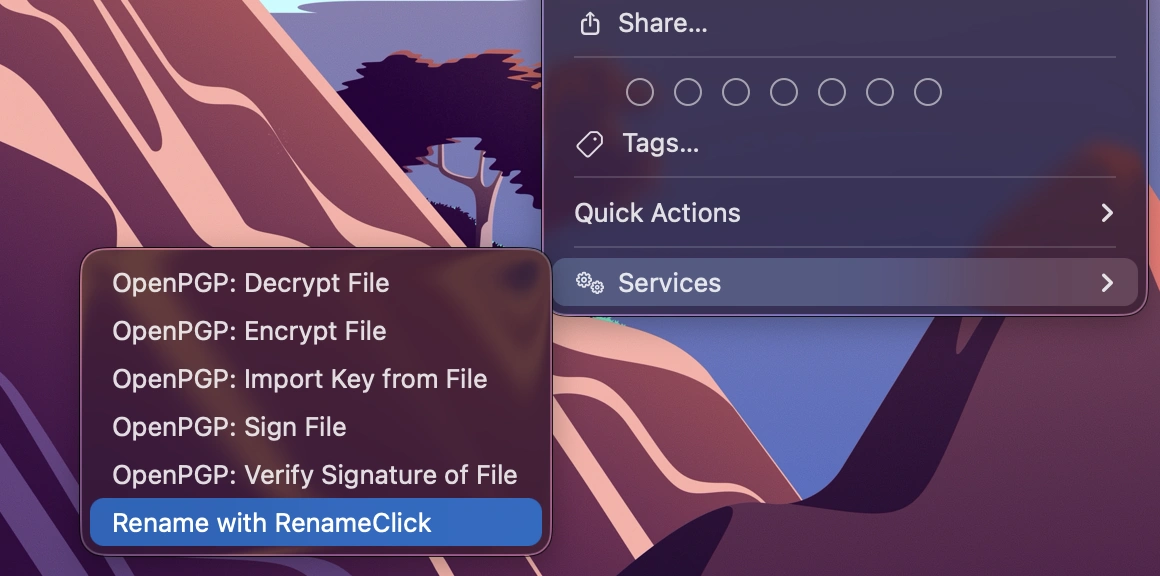 Rename with RenameClick option in the Finder right-click Quick Actions menu