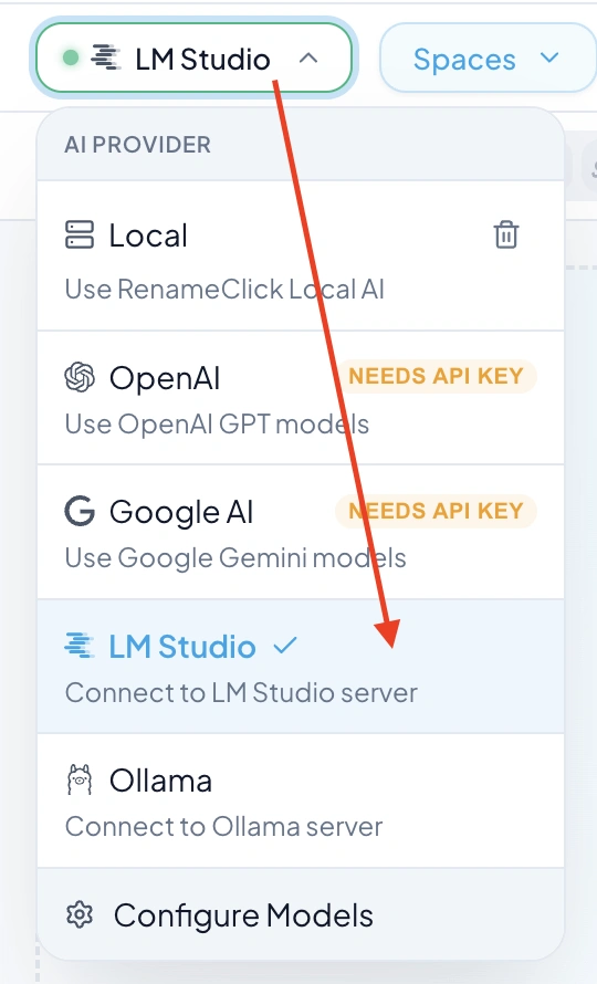 RenameClick — Provider selector with LM Studio