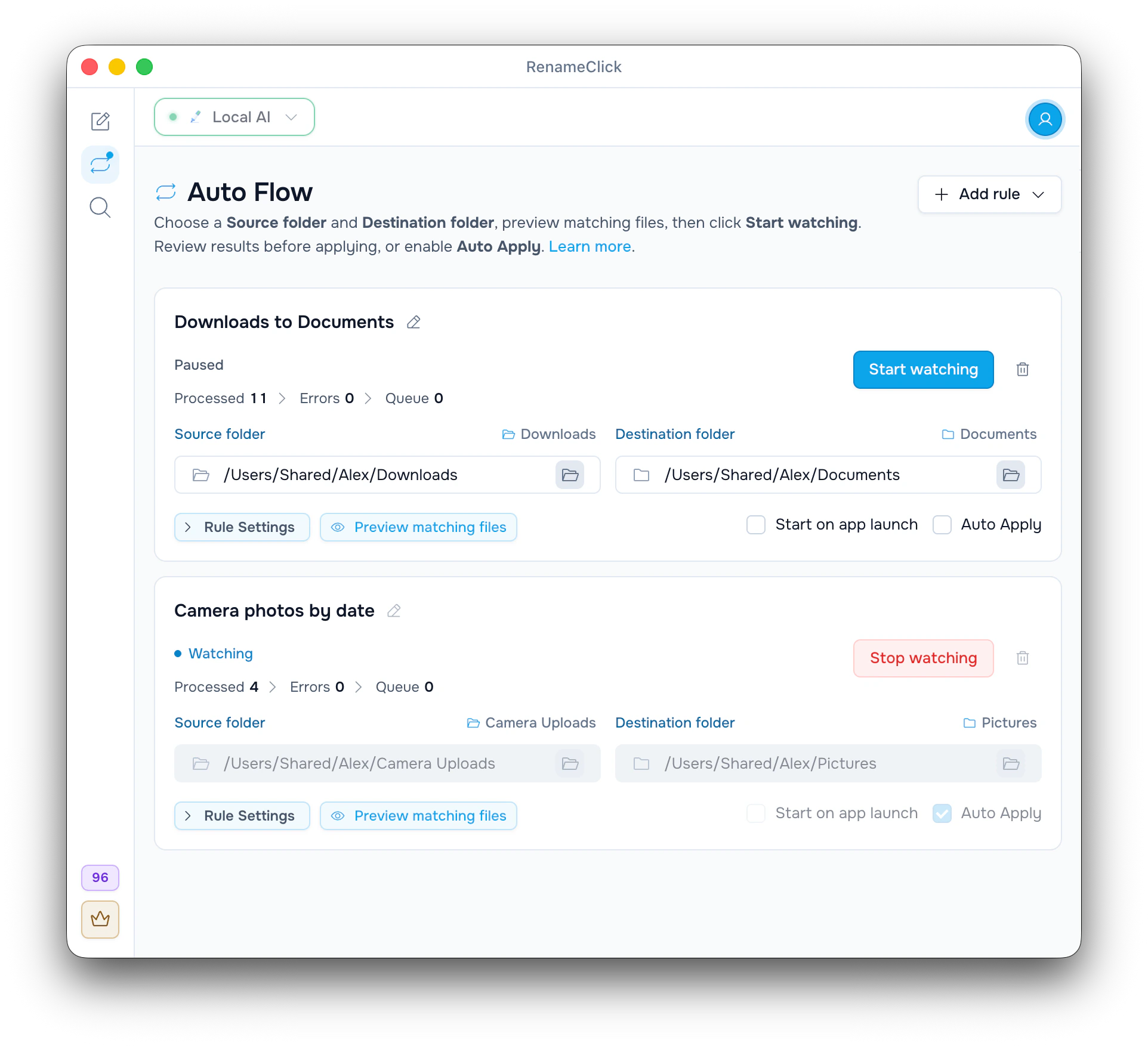 Auto Flow in RenameClick with two rules, each with its own source and destination folder