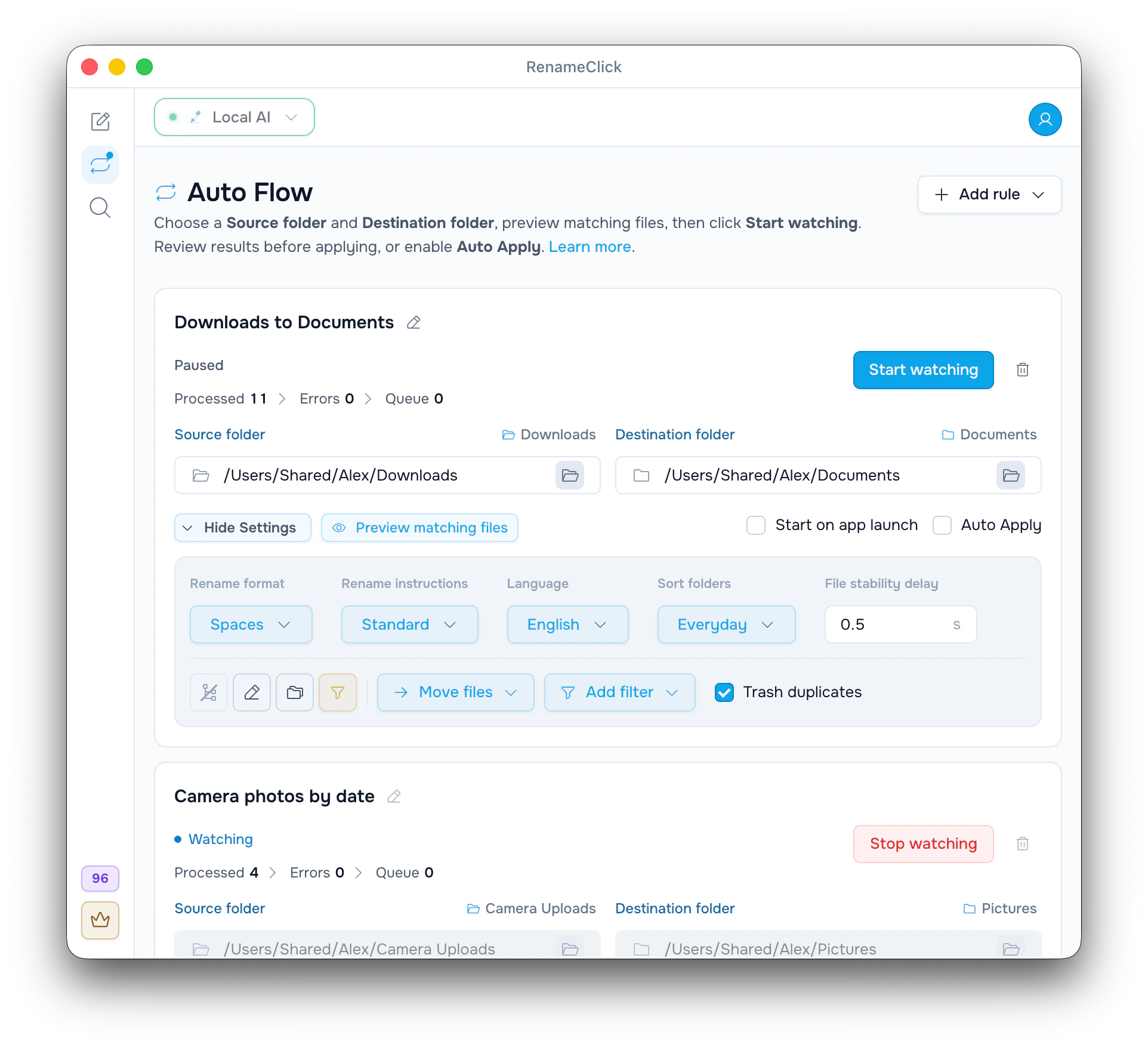 Auto Flow rule settings in RenameClick with format, instructions, language, sort folders and Trash duplicates