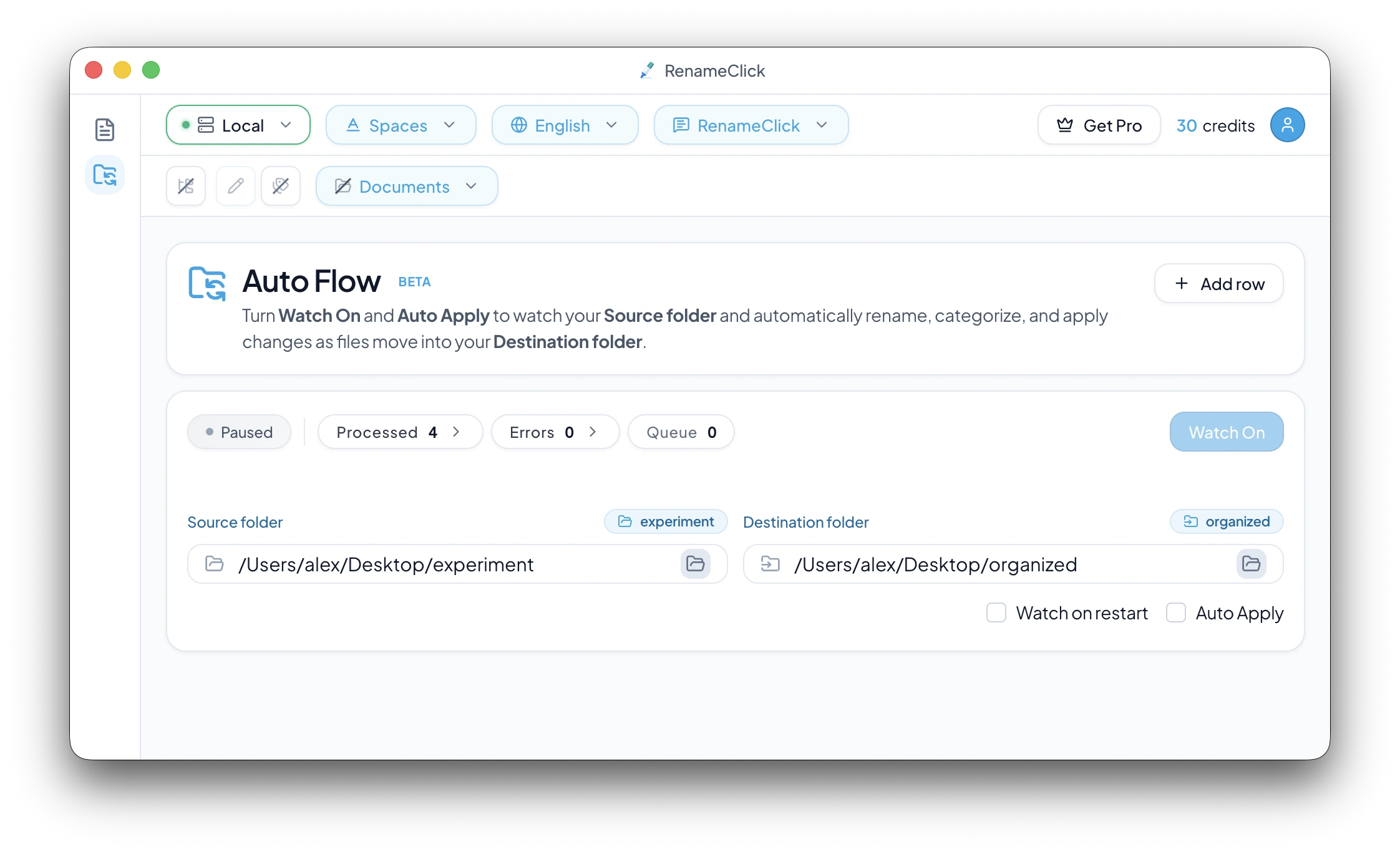 RenameClick Auto Flow watching a Downloads folder