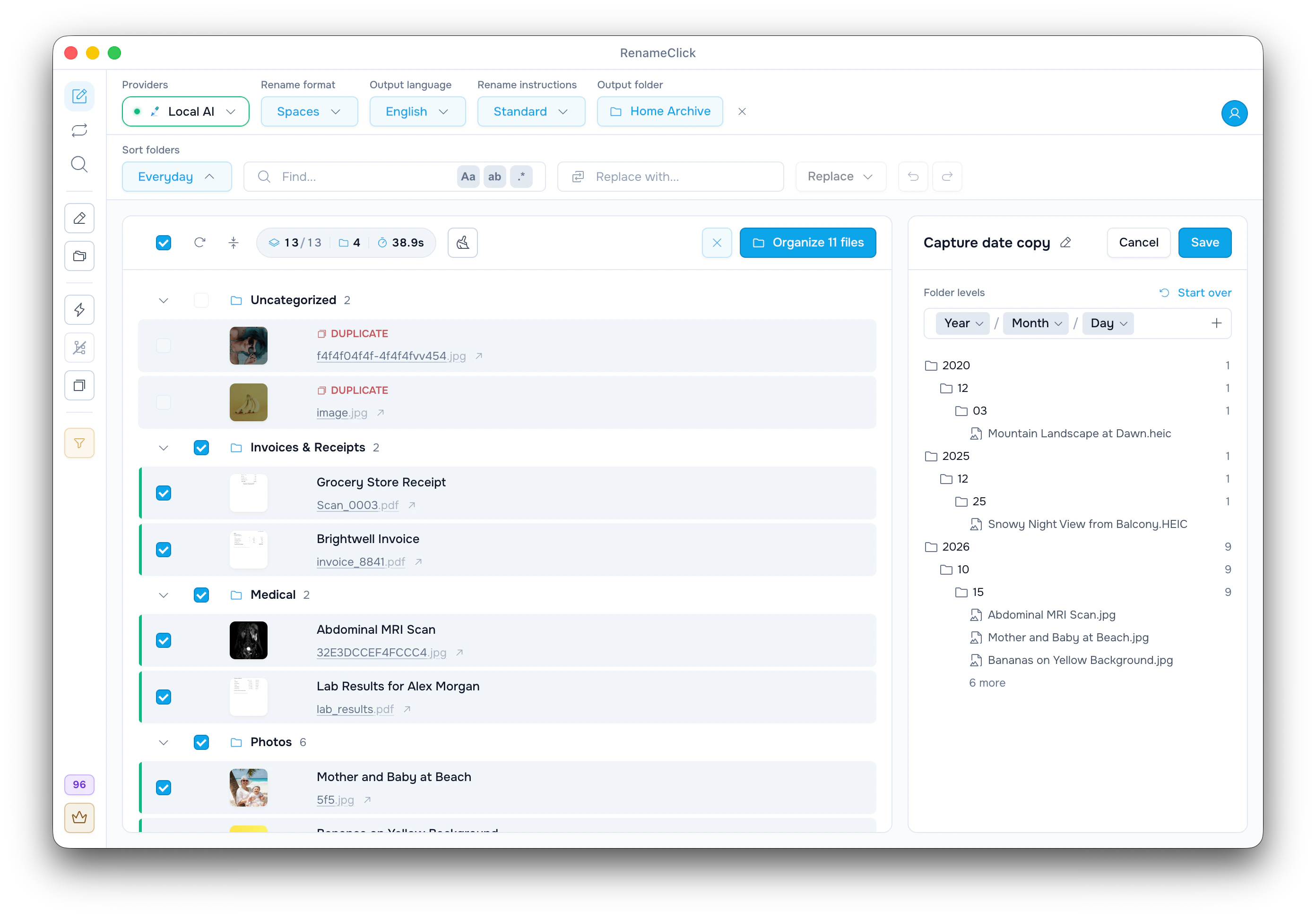 RenameClick Date and place editor building year, month and day folders