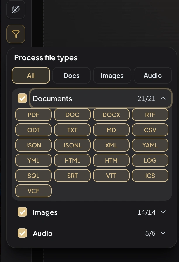RenameClick file type filter showing expanded document, image, and audio format support