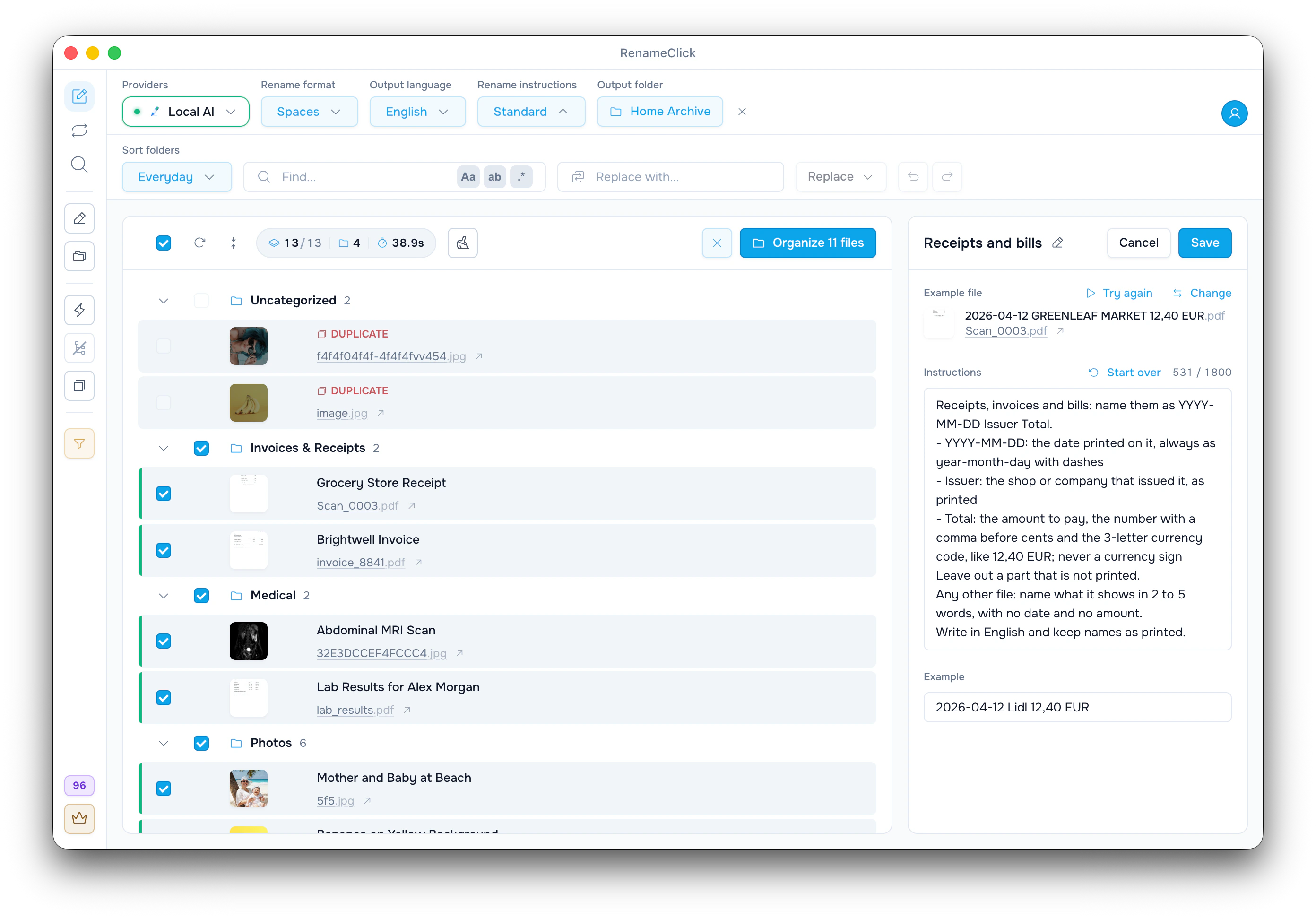 The instructions editor with the Receipts and bills starter. Try on Scan_0003.pdf gives 2026-04-12 GREENLEAF MARKET 12,40 EUR, and the Example field shows 2026-04-12 Lidl 12,40 EUR.