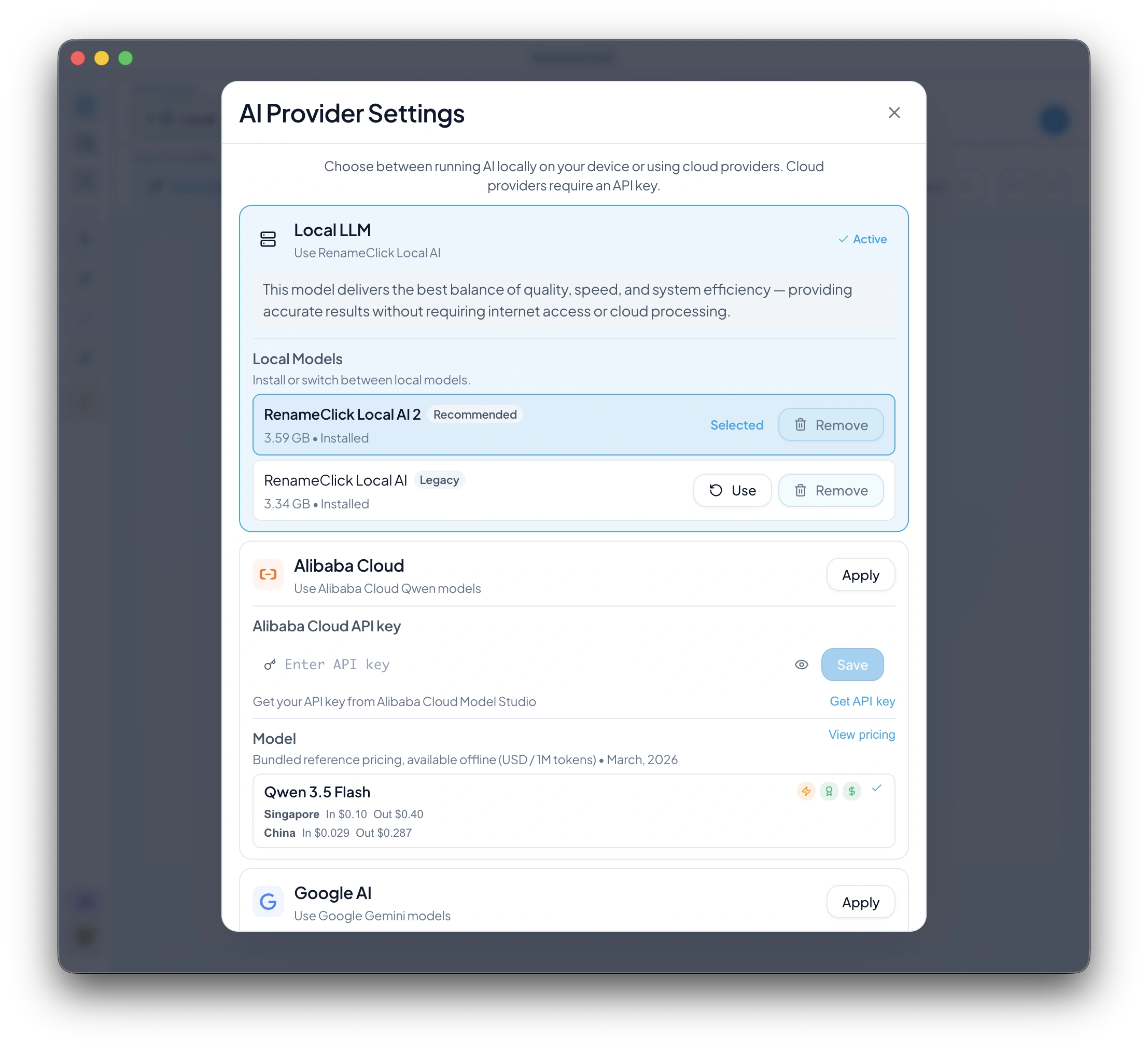 RenameClick Provider Settings with Local AI 2 model controls