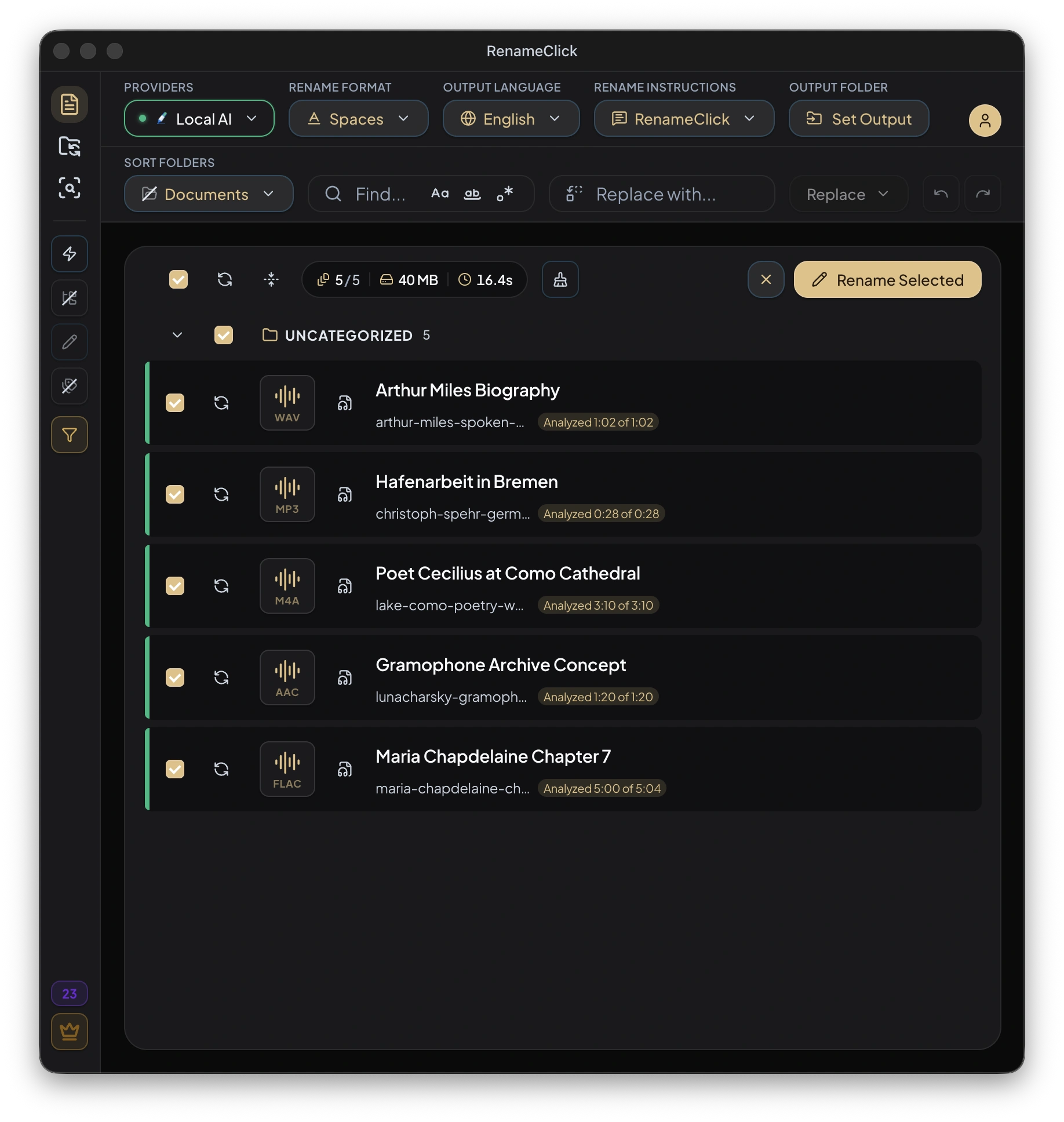 RenameClick suggesting filenames for WAV, MP3, M4A, AAC, and FLAC recordings after local speech transcription