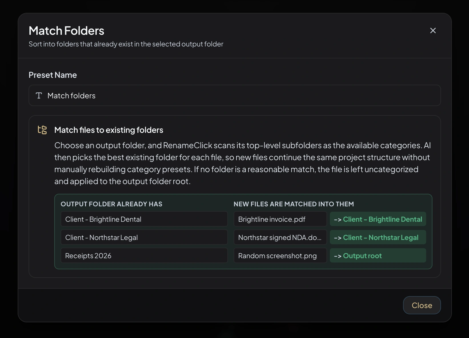 Match folders preset in RenameClick
