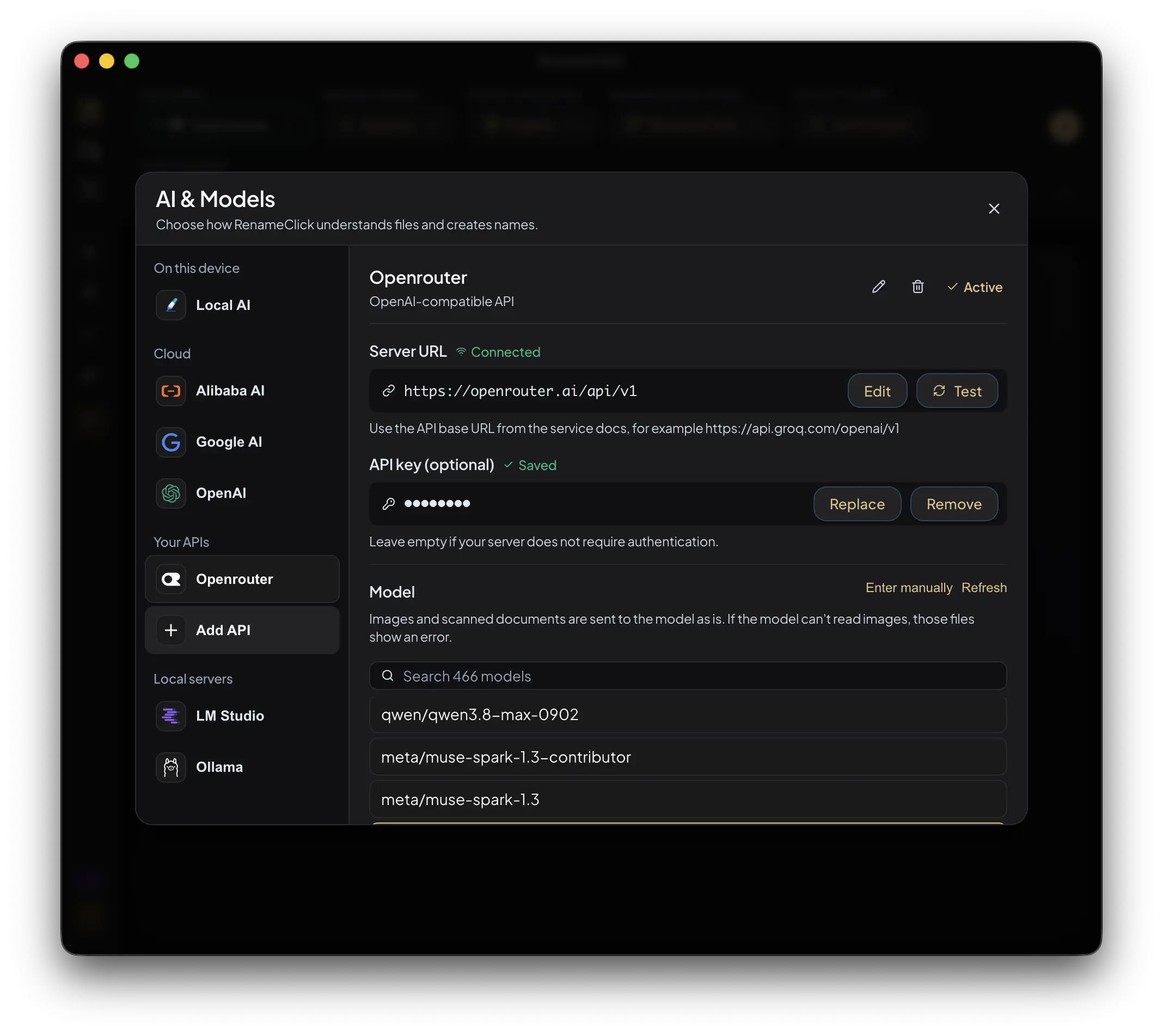 RenameClick AI & Models: providers grouped as On this device, Cloud, Your APIs and Local servers, with a saved OpenRouter API selected
