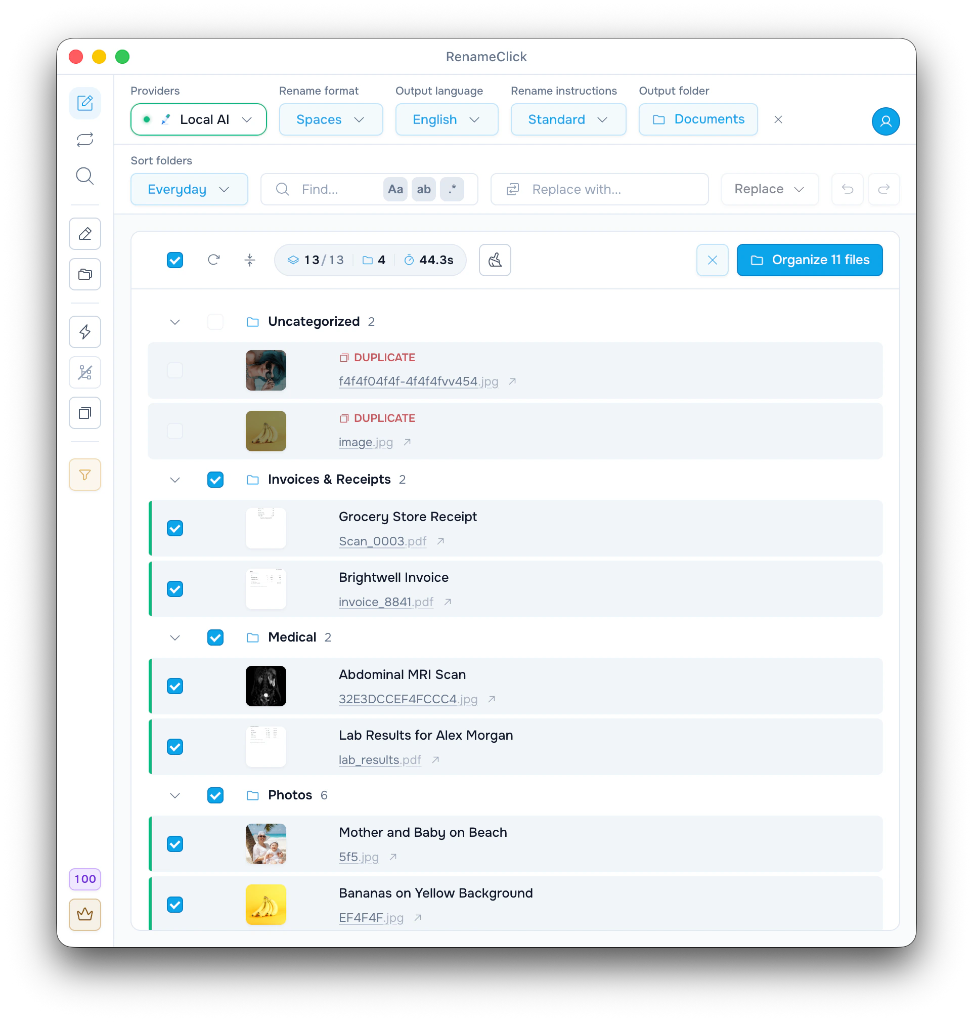 A run with the built-in Everyday set: files grouped by folder, proposed names above the originals. Everyday puts Scan_0003.pdf and invoice_8841.pdf together in Invoices & Receipts.