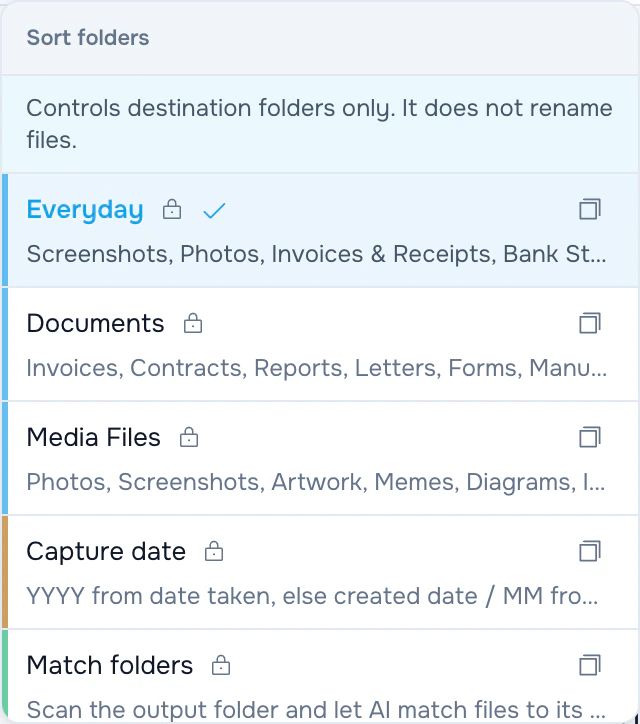 RenameClick Sort folders menu with Everyday, Documents, Media Files, Capture date and Match folders