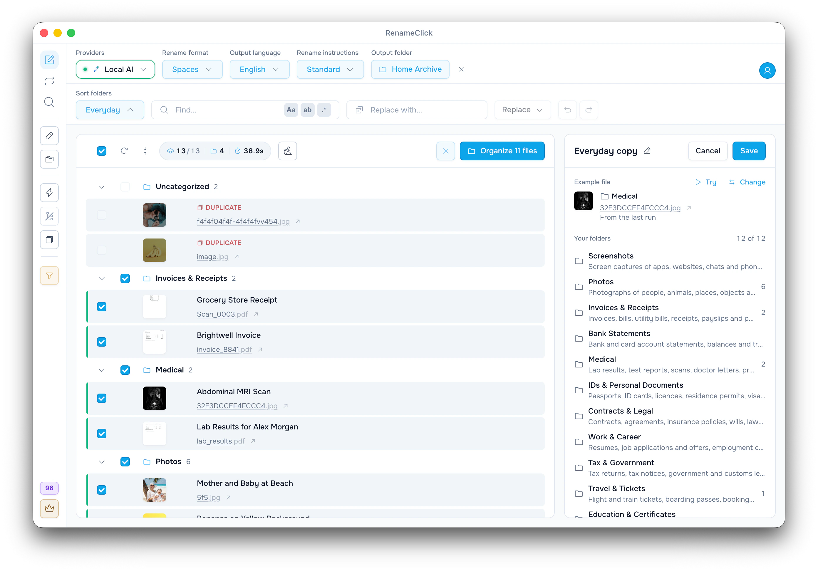 RenameClick Sort folders editor listing folders with a description of what goes in each