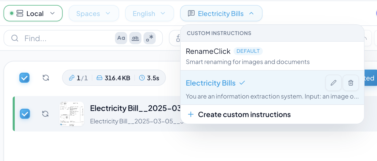 Custom AI Instructions interface in RenameClick