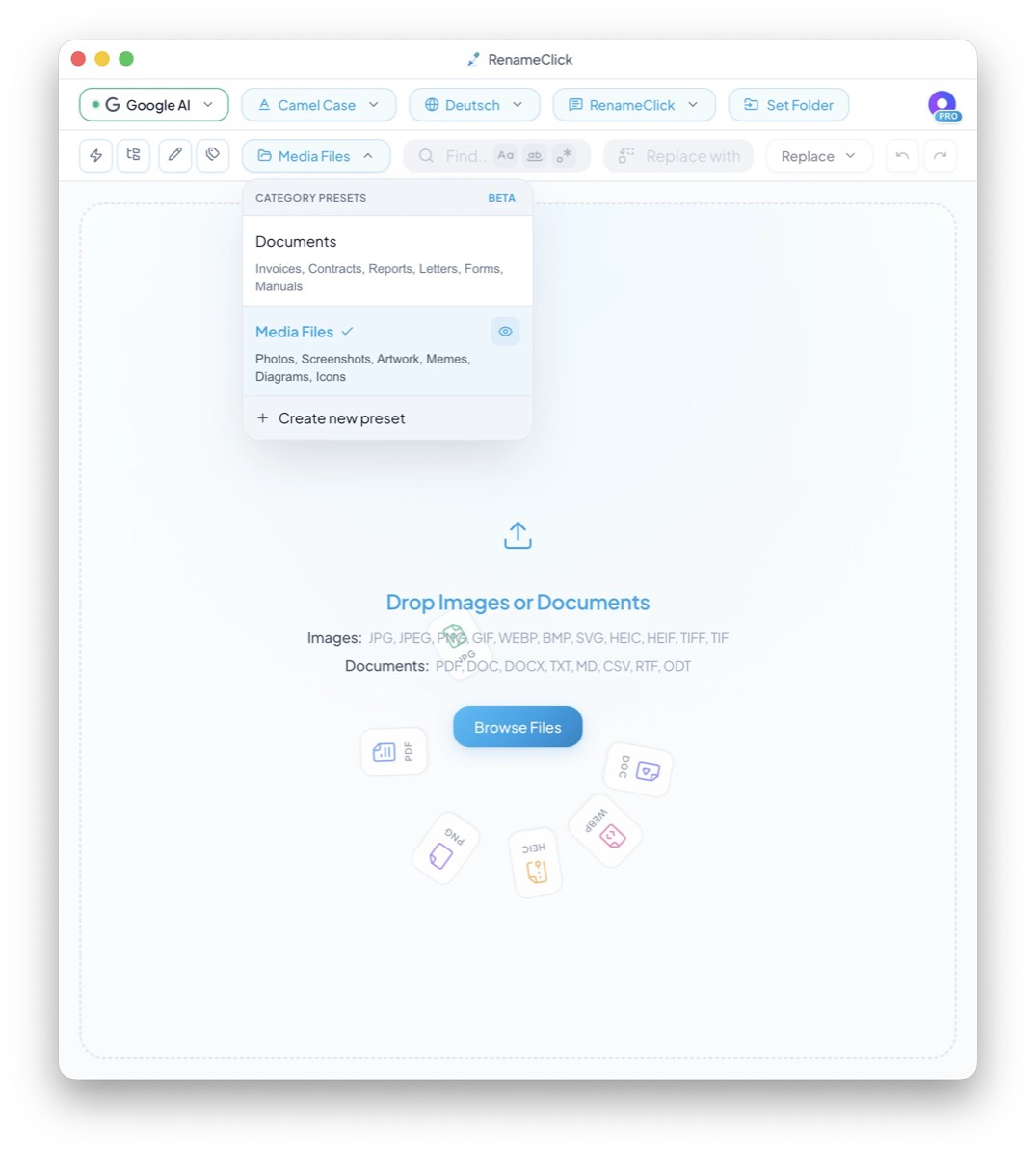 RenameClick drag and drop interface for batch renaming files with AI