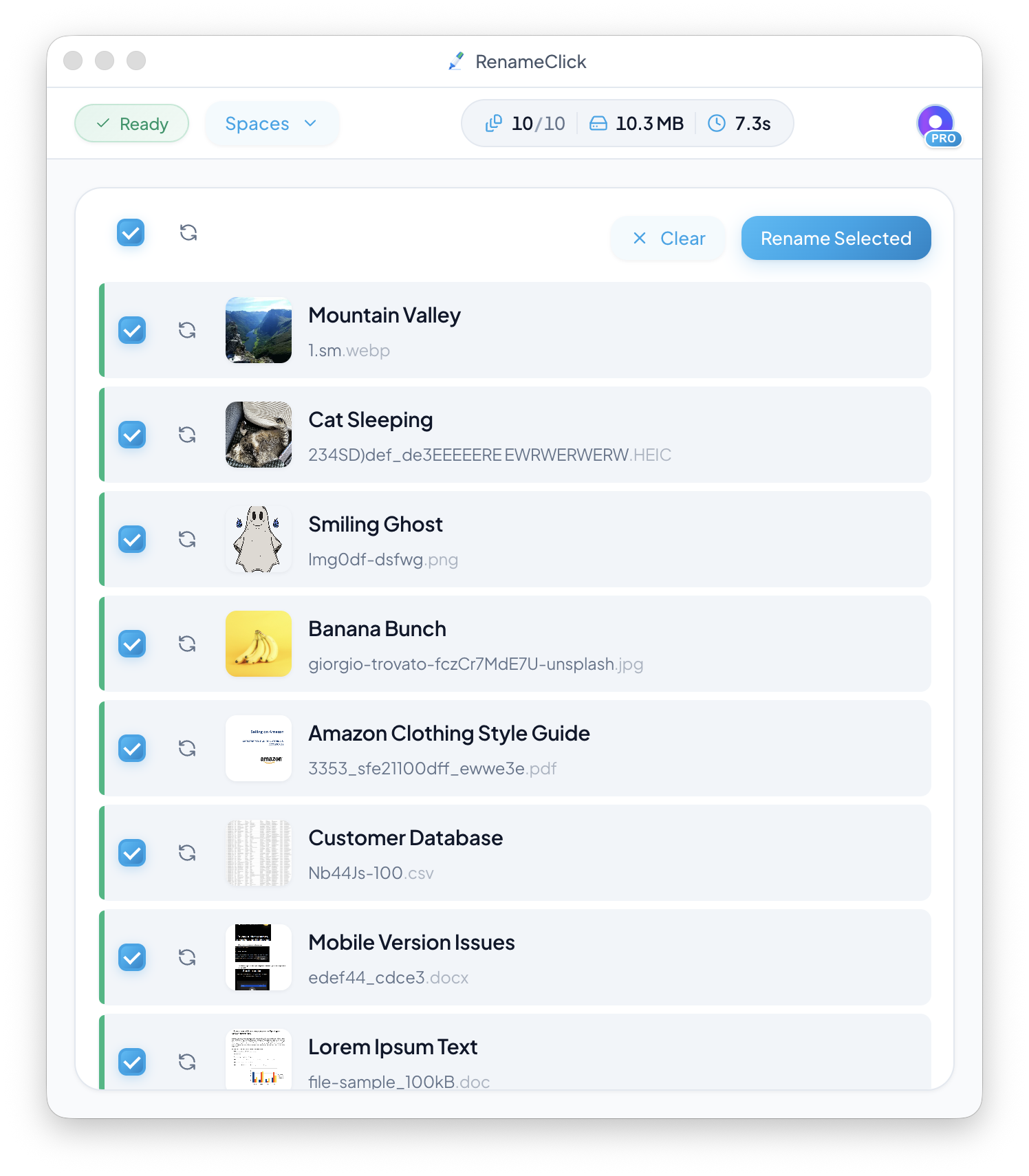 RenameClick app showing AI-powered file renaming